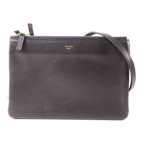 CELINE GHW Trio Shoulder Bag Crossbody Lambskin Leather Black