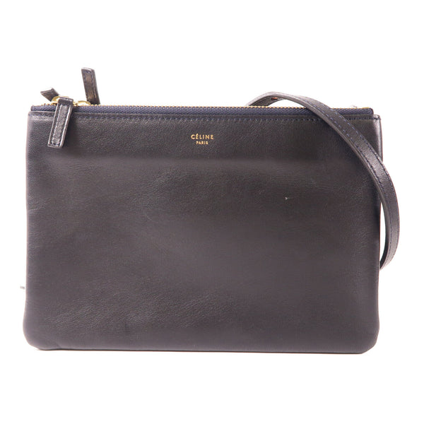 CELINE GHW Trio Shoulder Bag Crossbody Lambskin Leather Black