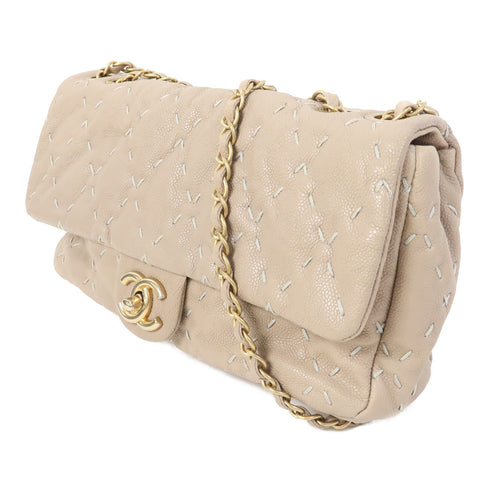 CHANEL CC GHW Flap Chain Shoulder Bag Calfskin Leather Beige