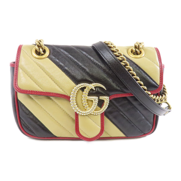GUCCI GHW GG Marmont Shoulder Bag Calfskin Leather Black Beige