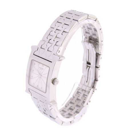 HERMES SHW Medium Heure H Quartz Watch Stainless Steel White Silver Tone Color
