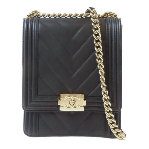 CHANEL Herringbone CC GHW Boy Chain Shoulder Bag Lambskin Leather Black