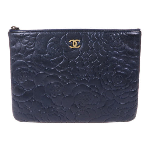 CHANEL CC GHW Clutch Second Bag Lambskin Leather Blue