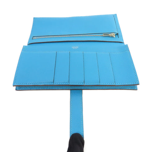 HERMES PHW Bearn Long Wallet Chevre Leather Blue