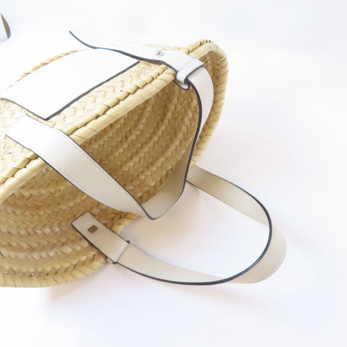 LOEWE SHW Basket In Palm Tote Bag Handbag Raffia/Leather Beige/White