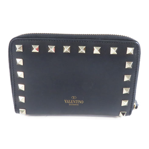 Valentino GHW Zipper Wallet Calfskin Leather Black