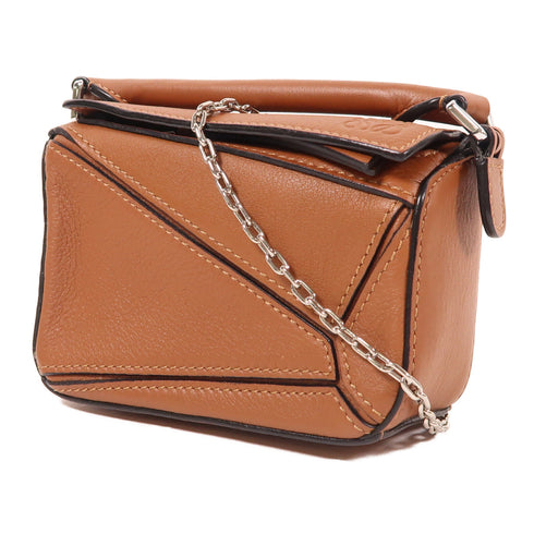 LOEWE SHW Nano Puzzle Chain Shoulder Bag Calfskin Leather Tan