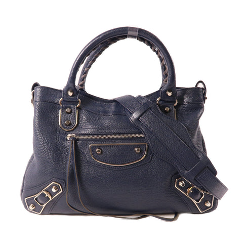 BALENCIAGA SHW City 2 Way Shoulder Bag Handbag Leather Navy
