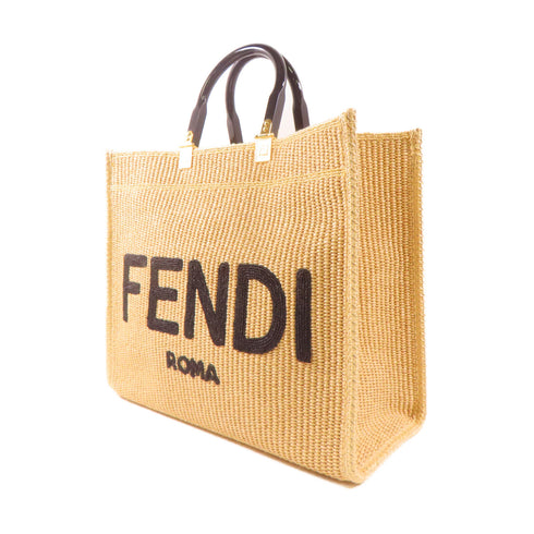 FENDI GHW Sunshine Medium Tote 2 Way Shoulder Bag 8BH386 AAYV Woven Straw Beige