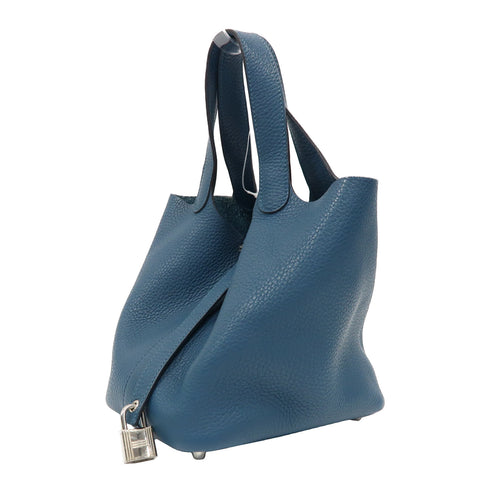 HERMES PHW Picotin PM Handbag Clemence Leather Cobalt