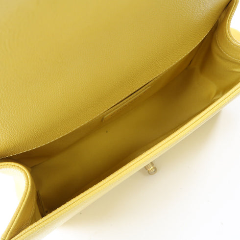 CHANEL Herringbone CC GHW Boy Shoulder Bag Grained Calfskin Leather Yellow