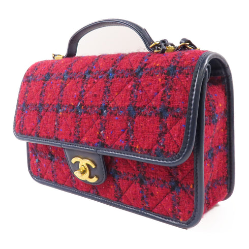 CHANEL CC GHW 2 Way Bag Leather/Tweed Red/Navy