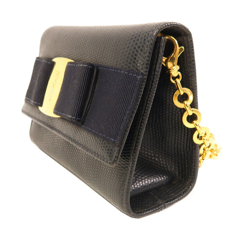 Salvatore Ferragamo GHW Chain Shoulder Bag Calfskin Leather Blue