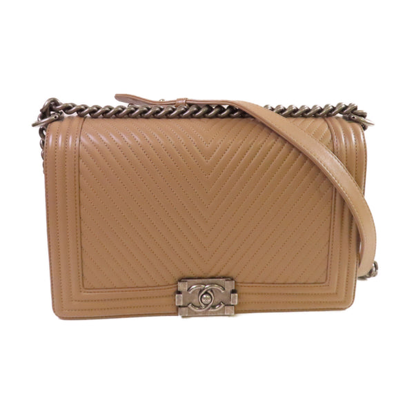 CHANEL Herringbone SHW Boy Chanel 28cm Chain Shoulder Bag Lambskin Leather Brown