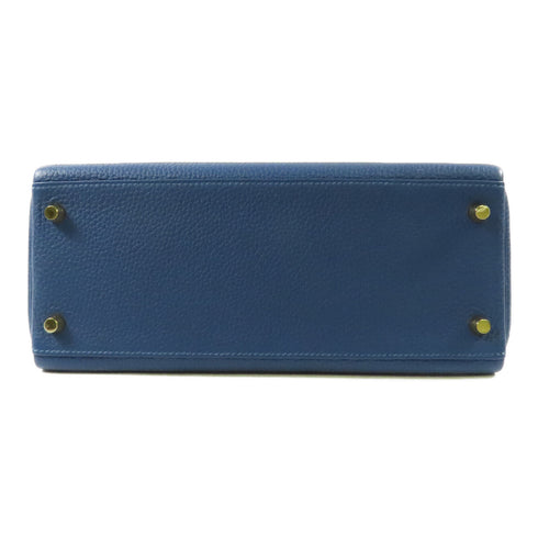 HERMES GHW Kelly 28 Handbag 2 Way Shoulder Bag Clemence Leather Deep Blue