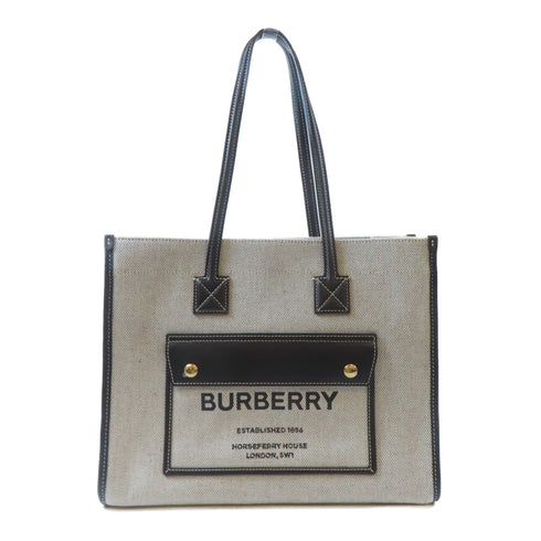 BURBERRY GHW Freya Tote Bag Shoulder Handbag Canvas Leather Black White