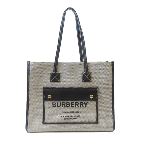 BURBERRY GHW Freya Tote Bag Shoulder Handbag Canvas Leather Black White