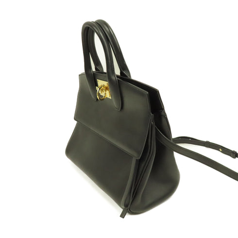 Salvatore Ferragamo GHW Studio Bag 2Way Shoulder Calfskin Leather AU-21 Black