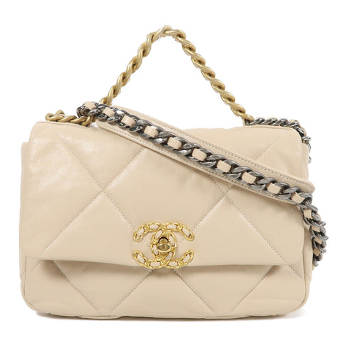 CHANEL CC C19 Small 2 Way Chain Shoulder Bag Calfskin Leather Beige