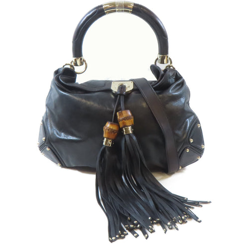 GUCCI GG GHW Indy Babouska 2 Way Shoulder Handbag 185566 Calfskin Leather Black