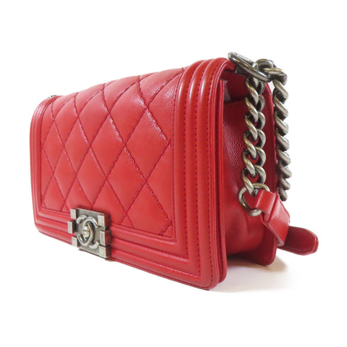 CHANEL Quilted CC Boy Chain Shoulder Bag Calfskin Leather Red