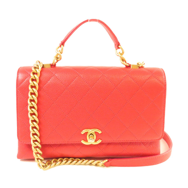 CHANEL Quilted GHW CC Chain Shoulder Bag Handbag Caviar Skin Leather Orange Red