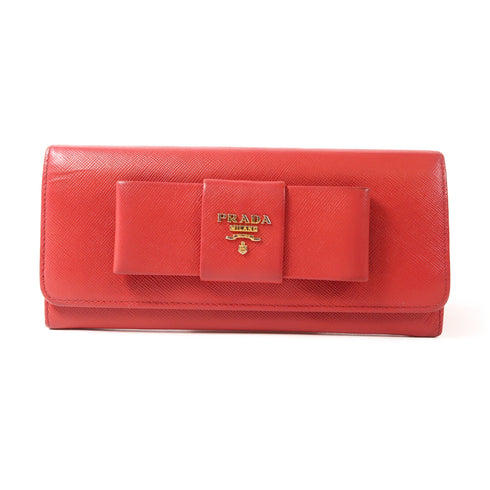 PRADA GHW Long Wallet 1M1132 Calfskin Leather Red