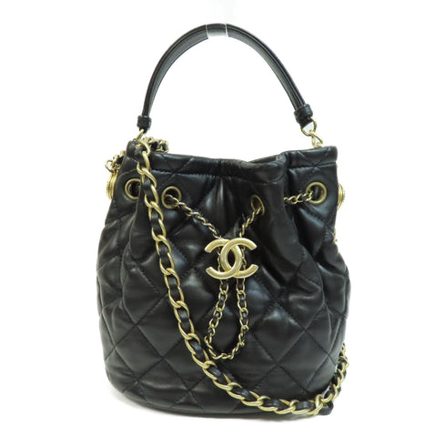 CHANEL Quilted CC GHW Bucket Bag 2Way Chain Shoulder Bag Calfskin Leather Black