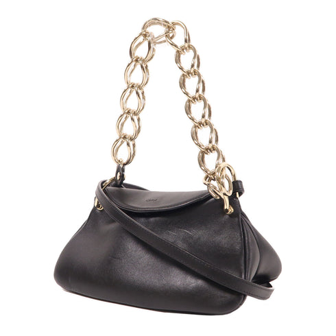 Chloe SHW 2 Way Chain Shoulder Bag Calfskin Leather Black