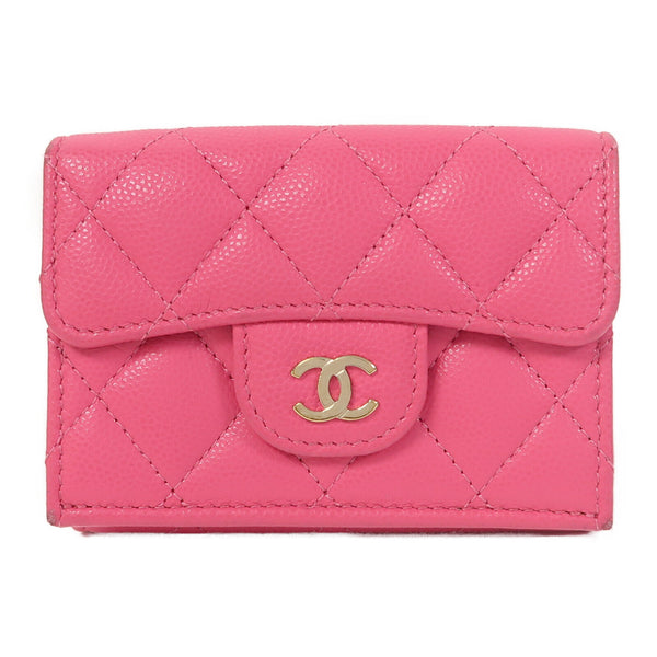 CHANEL Quilted CC GHW Tri-fold Wallet Caviar Leather Pink