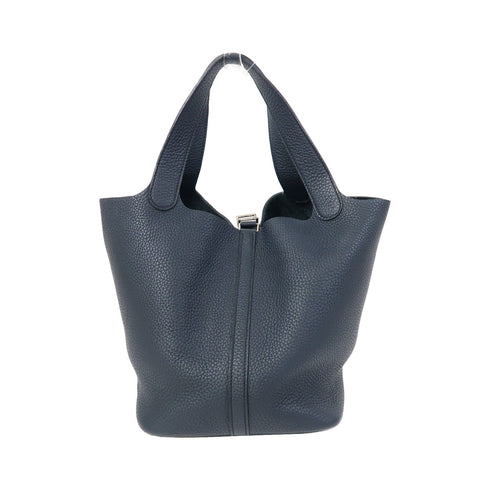 HERMES PHW Picotin MM Handbag Clemence Leather Blue Nuit