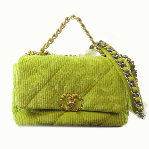 CHANEL Quilted CC GHW/SHW Chanel 19 Chain 2 Way Shoulder Bag Corduroy Green