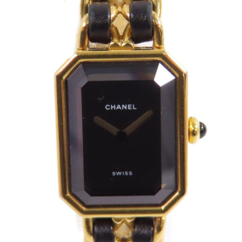 CHANEL GHW Premiere L Quartz Watch SS Leather Gold Plated H0001 Black v2