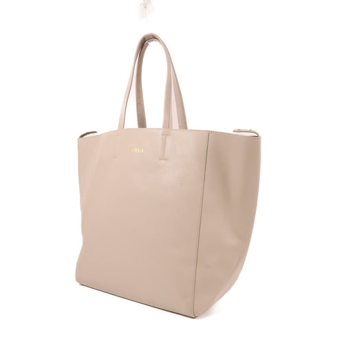 Furla GHW Shoulder Tote Bag Calfskin Leather Light Khaki