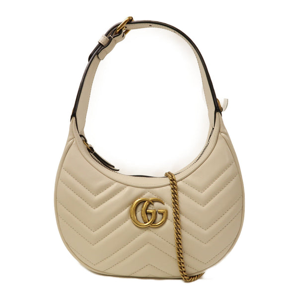 GUCCI GG GHW Maront 2 Way Chain Shoulder Bag Calfskin Leather White