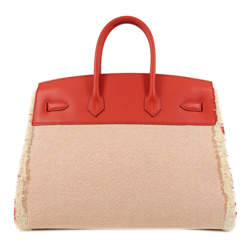 HERMES PHW Birkin 35 Fray Fray Handbag Swift leather/Canvas Framboise/Red