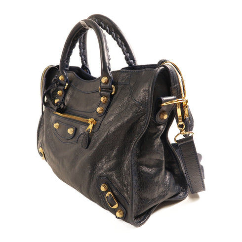 BALENCIAGA GHW City Bag 2 Way Shoulder Bag Calfskin Leather Navy
