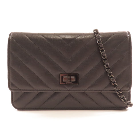 CHANEL Herringbone CC 2.55 Wallet Chain Shoulder Bag A80834 Lambskin Black