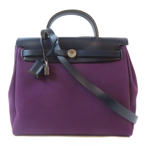 HERMES PHW Herbag PM 2 Way Shoulder Handbag Canvas Leather Cassis Bleu Indigo