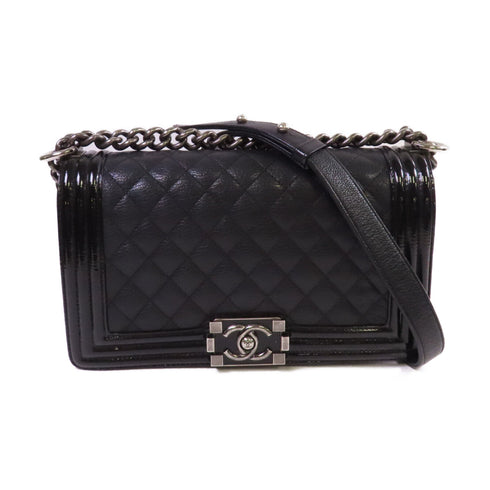 CHANEL Quilted SHW CC Boy Chanel 25 Chain Shoulder Bag Calfskin Leather Black