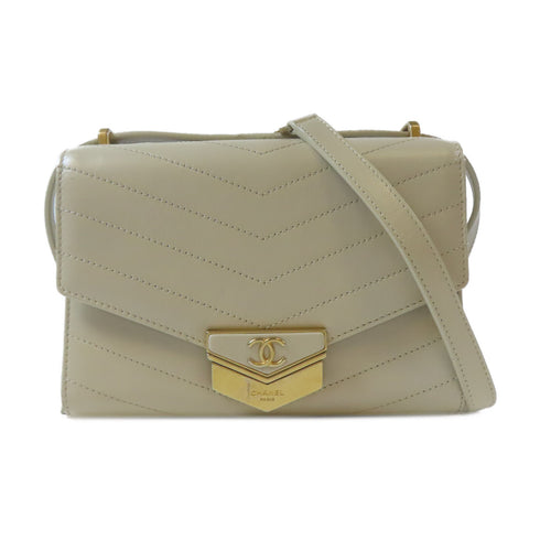 CHANEL Herringbone CC GHW Chevron Medal Flap Shoulder Bag A57490 Calfskin Beige