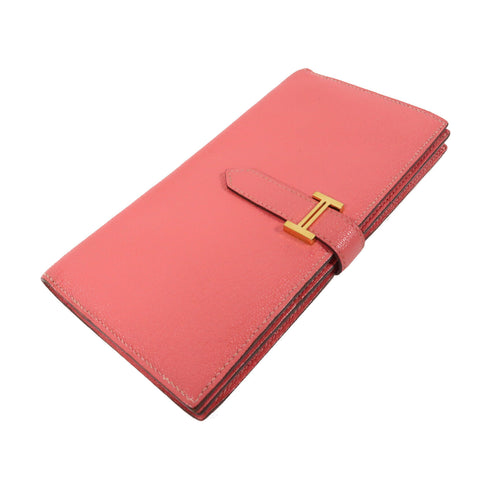 HERMES GHW Bearn Bi-fold Fold Long Wallet Chevre Leather Rose Dragee Pink