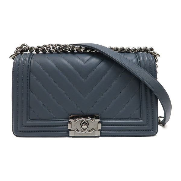 CHANEL CC SHW Boy 25 Chain Shoulder Bag Calfskin Leather Grey Blue