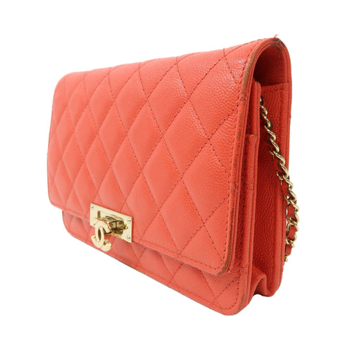 CHANEL Quilted CC GHW Wallet On Chain Shoulder Bag Caviar Leather Red