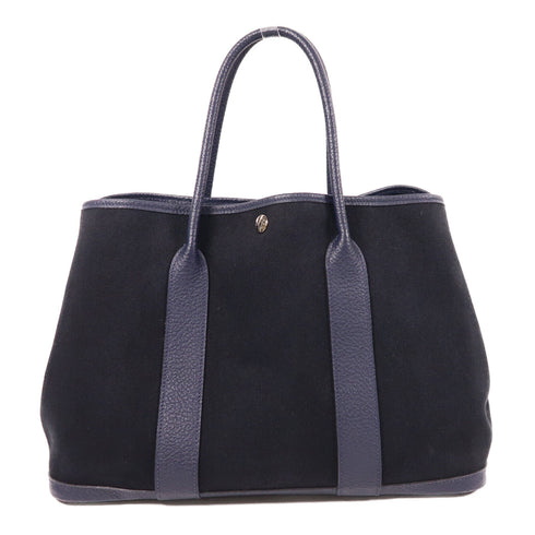 HERMES PHW Garden Party PM Handbag Canvas Navy Black