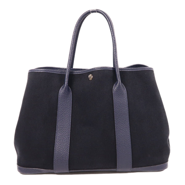 HERMES PHW Garden Party PM Handbag Canvas Navy Black