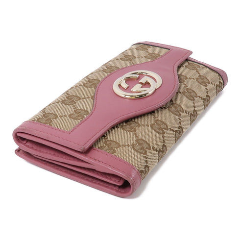 GUCCI GG GHW Interlocking Long Wallet 282426 Canvas Leather Brown Pink