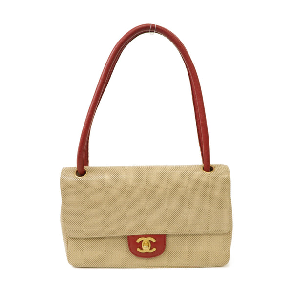 CHANEL CC GHW Shoulder Bag Calfskin Leather Beige Red