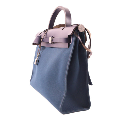 HERMES PHW Herbag PM 2 Way Shoulder Bag Handbag Canvas Blue