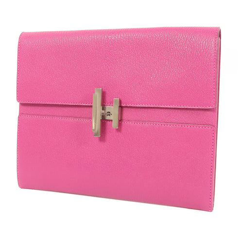 HERMES PHW Cinhetic Clutch Bag Mysore Leather Pink